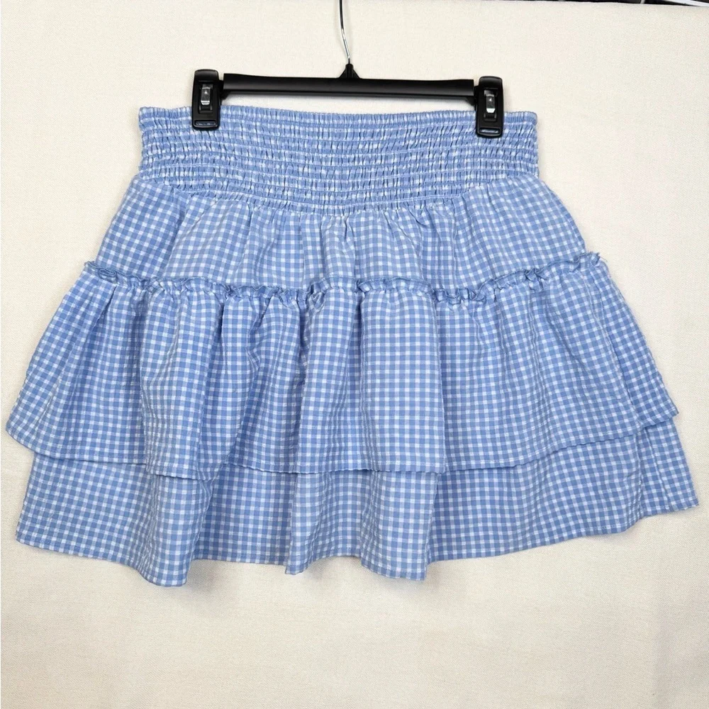 Sienna Sky Skort Womens Size L Blue White Gingham Tiered Ruffle Smocked Skirt